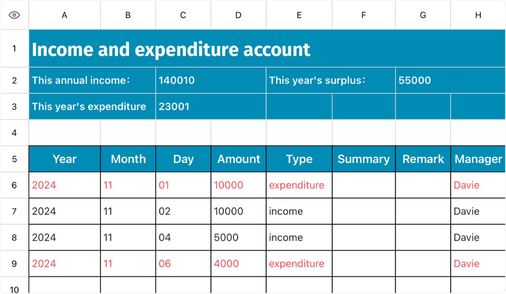Income and expenditure accounting form